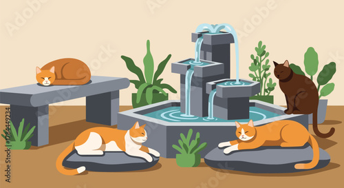 Illustration of four cats relaxing around a garden fountain with greenery and stone benches