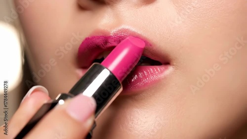 Close Up of Woman Applying Pink Lipstick in Soft Lighting with Blurred Background Focused on Full Glossy Lips Skin Texture and Makeup Application