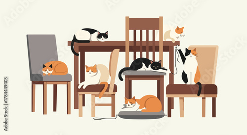 Illustration of playful cats lounging and sleeping on various chairs and furniture