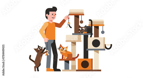Illustration of happy man playing with cats and large cat tree tower in cozy home setting