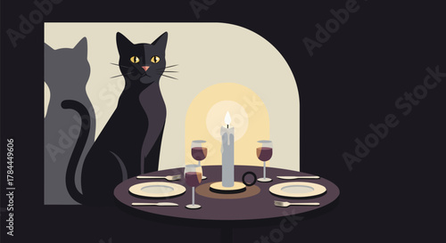 Illustration of black cat sitting at candlelit dinner table with wine and plates in stylish illustration