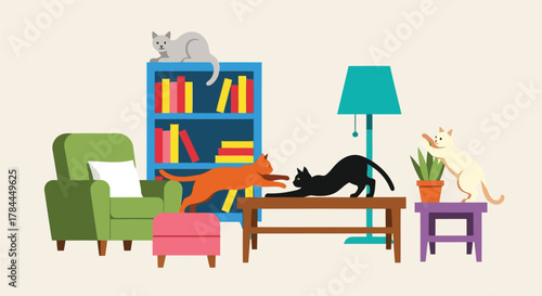 Illustration of playful living room with cats and colorful furniture, cozy indoor scene