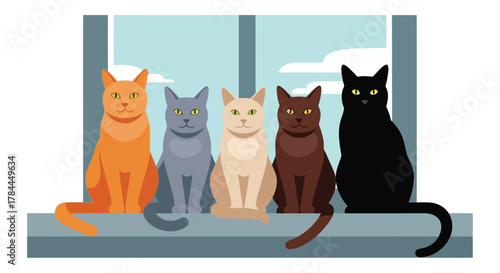 Illustration of five cats sitting together on window ledge with blue sky background