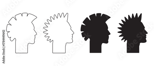 Mohawk Head Silhouette Icon Set. Black and White Punk Profile Variations for Design and Branding.