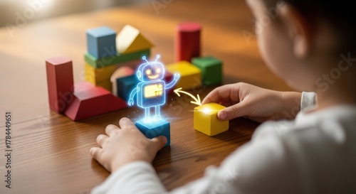 Child s hands playing with colorful building blocks and a holographic robot toy