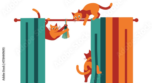 Illustration of playful cats climbing and hanging on colorful curtains in cartoon illustration