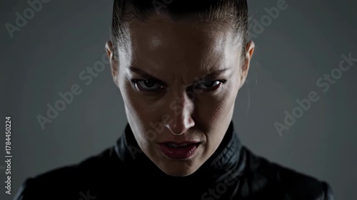 Intense Portrait of Woman Sweating with Determined Gaze Dark Leather Top and wet hair in Dim Lighting Against Grey Background
