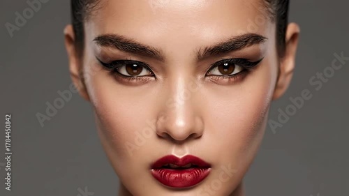 Close Up Portrait of a Young Woman with Brown Eyes and Glamorous Makeup against Neutral Gray Background in Studio Lighting for Beauty and Fashion
