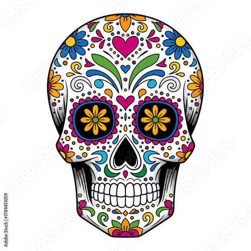 Traditional Mexican Calavera Sugar Skull Art with Vibrant Floral Patterns for Day of the Dead