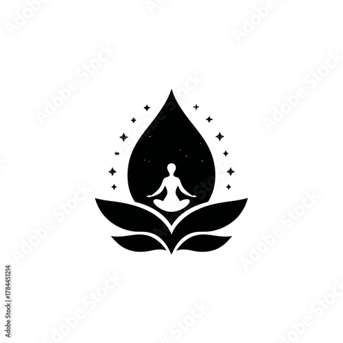 Meditating figure in lotus position within a stylized water drop shape