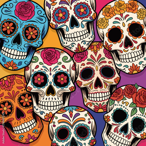 Vibrant Sugar Skulls Pattern: Intricate Calaveras Art for Dia de los Muertos Celebration with Colorful Floral Designs