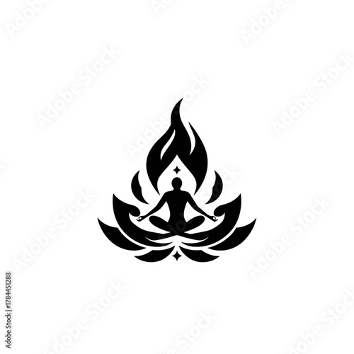 Meditating figure silhouette in lotus position inside abstract flames