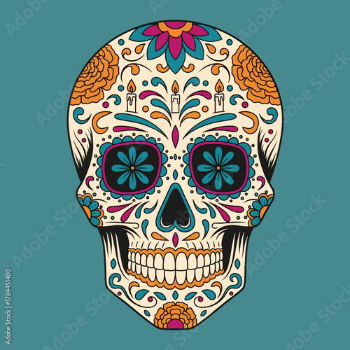 Decorative Floral Sugar Skull (Calavera) Illustration for Day of the Dead