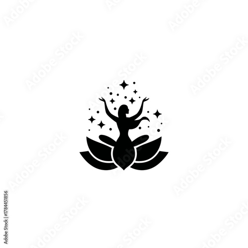 Woman silhouette in lotus position with stars representing peace and balance