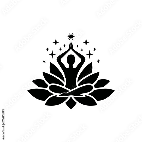 Meditating silhouette in lotus position with stars conceptual design