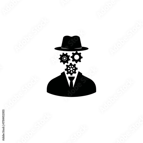 Conceptual illustration of a person with gears for a face in black and white