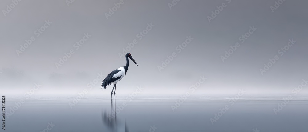 Obraz premium Elegant solitary crane standing gracefully in misty waters during soft morning light
