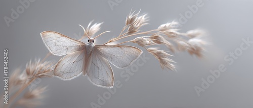 Delicate White Moth on Grassy Stem Against Soft Gray Background in Natural Light