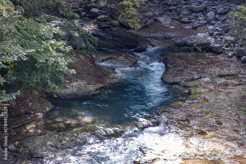 秋の彩りを感じさせる清流の風景