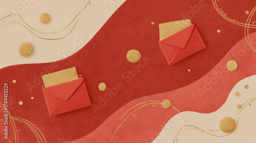Abstract background with a red and beige color scheme. the background has a wave-like pattern with gold lines and dots scattered throughout.
