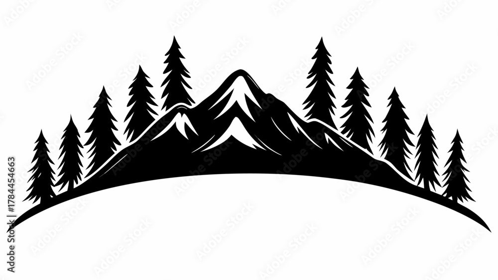 Obraz premium Majestic mountain range silhouette with evergreen trees for outdoor adventure brand logo design concept