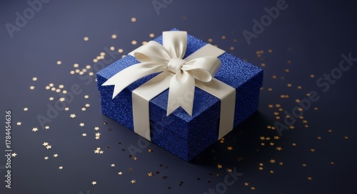 Elegant navy blue gift box with cream bow and star confetti floating, presented beautifully on transparent background