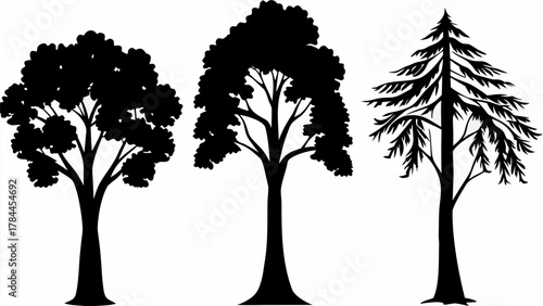 Three diverse tree silhouettes ideal for nature graphics, forestry projects, or landscape designs
