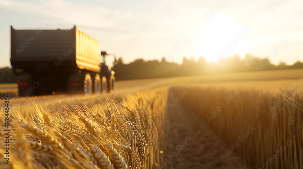 Fototapeta premium Golden wheat field at sunset with a tractor harvesting crops. The sun is setting behind the trees, casting a warm glow over the landscape. Agriculture and seasonal harvest.