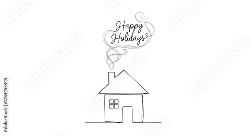 Cozy home with happy holidays smoke from chimney minimalist line art illustration