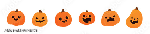 Six scary Halloween pumpkins with glowing eyes are melting on a light background. set halloween scary pumpkins, vector illustration.
