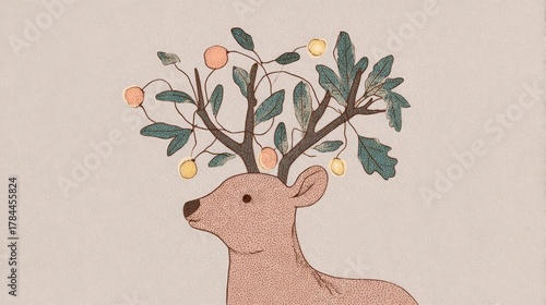 Illustration of a deer with a tree on its head. the deer is facing towards the right side of the image and its head is turned slightly to the left.