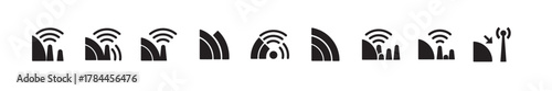Collection of wi-fi signal strength, connectivity, and security icons in black silhouette, vector illustration.