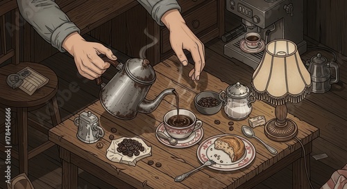 Illustration of a person's hands pouring tea from a kettle onto a table with a plate of pastries and a cup of coffee in a cozy, dimly lit room with warm tones.