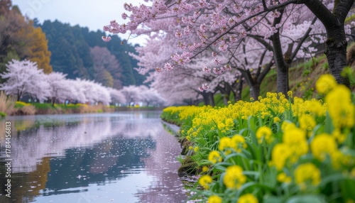 桜と菜の花が咲く春の川辺の日本風景写真