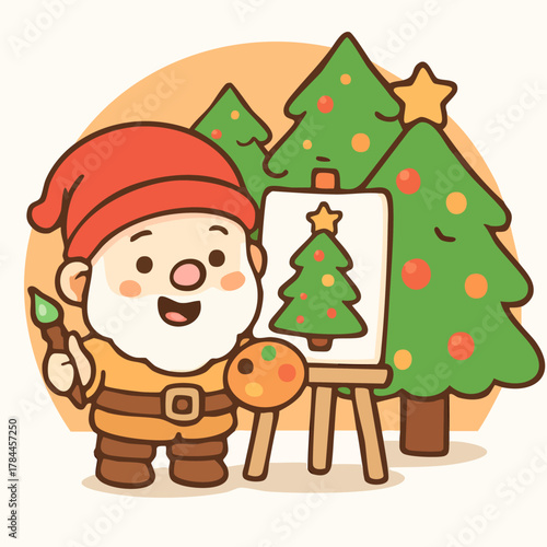 Cute Gnome Painting a Christmas Tree on Canvas in Kawaii Art Style