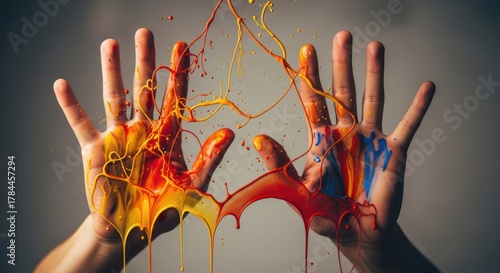A person's hands with paint splattered on them in shades of orange, yellow, red, and blue against a dark background.