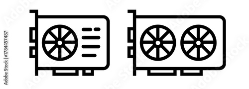 simple black outline icons representing a Graphics Processing Unit GPU or video card with single and dual cooling fans computer hardware gaming cryptocurrency mining