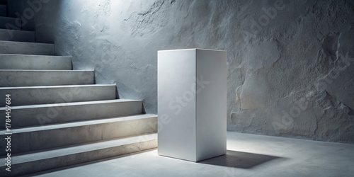 A plain white pedestal is positioned at the bottom of a staircase in a softly lit space. The textured walls and gentle shadows enhance the enigmatic vibe of the scene