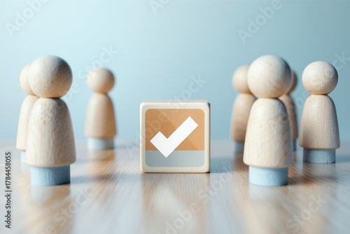 Wooden figures surround a checkmark block, symbolizing approval or decision-making in a minimalist setting.