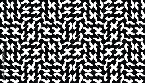 Monochromatic seamless abstract chain/knitting pattern. Dynamic black and white vector with curved, interlocking shapes, suitable for optical illusion or minimalist fashion backgrounds