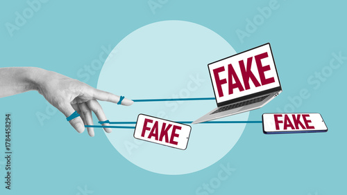 Fake news manipulation on smartphone and laptop - misinformation control metaphor. Lies, Post truth and disinformation, sensationalism and clickbait headlines