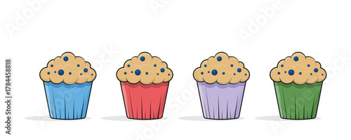 Colorful cupcakes with blueberries illustration isolated on white background