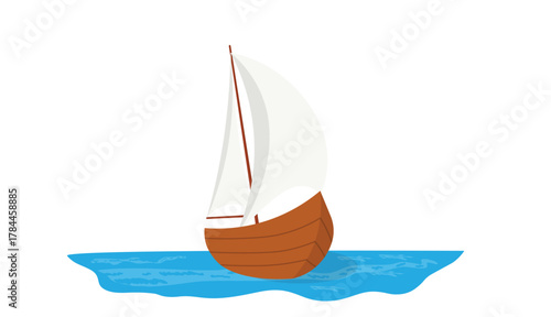 Wooden sailboat floating on blue sea isolated on white background