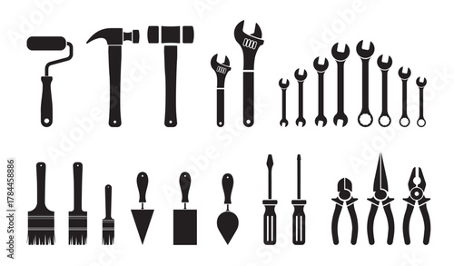Set of construction and repair tools silhouette isolated on white background