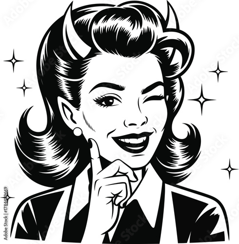 Retro devil woman winking with horns and sparkles