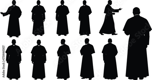 Cleric silhouette set, black vector figures, robed character poses, spiritual gestures and stances, religious attire icons, cultural illustration, ceremonial design