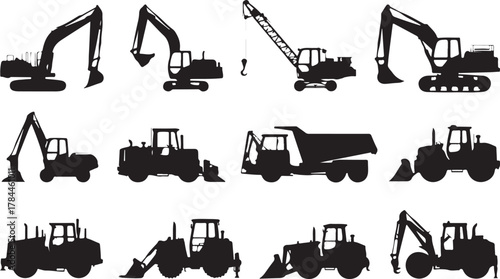 Construction machinery silhouettes set with excavators, bulldozers, and dump trucks isolated on white