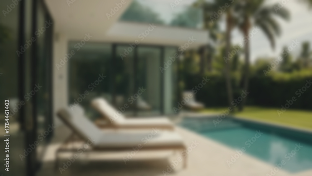 Fototapeta premium Blurry image of a swimming pool in a modern house, blending with nature with many trees surrounding the pool.