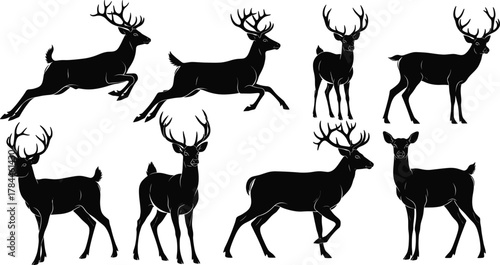 Deer silhouette set, black vector animals, antlered wildlife icons, nature illustration, forest creature poses, leaping and standing deer, rustic design elements