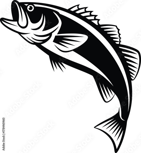 Black and white illustration of a largemouth bass jumping out of water